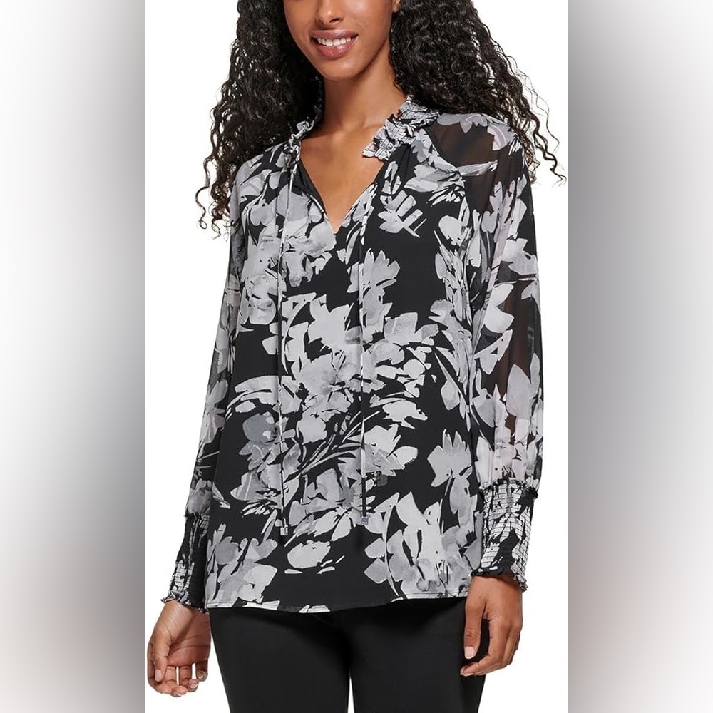 Calvin Klein Modern Essentials Chiffon Floral Blouse Size 2X NWT Black Gray